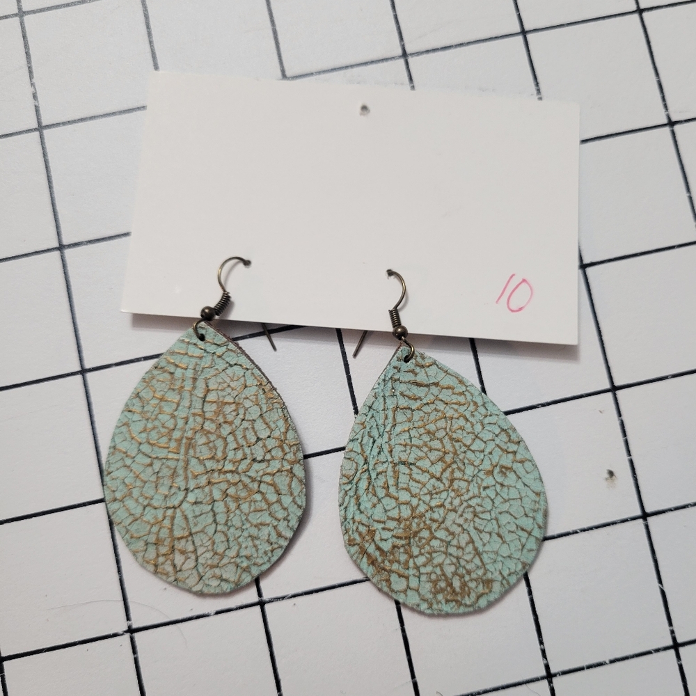 Handmade Turquoise And Gold Leather Earrings - Picture 3 of 6